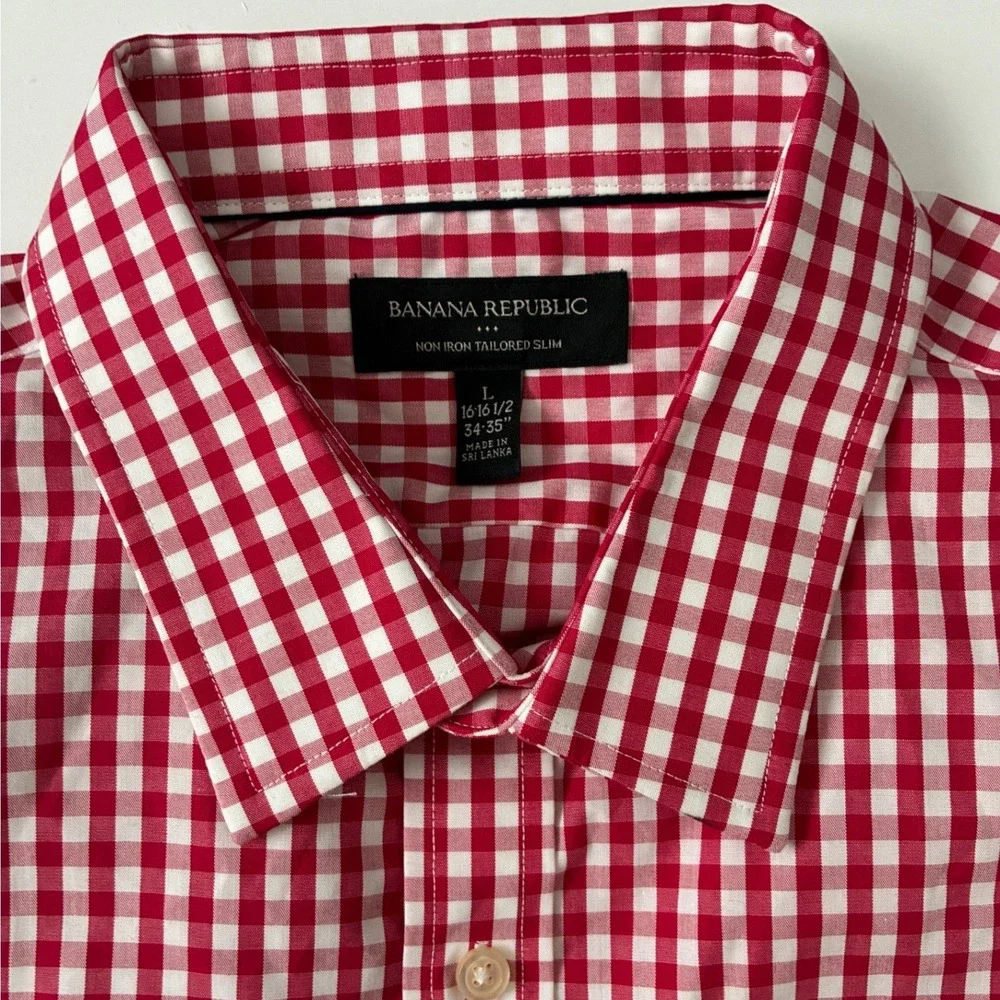 Banana Republic Mens Red Gingham Non Iron Tailored Slim Fit Shirt Large 16-16.5